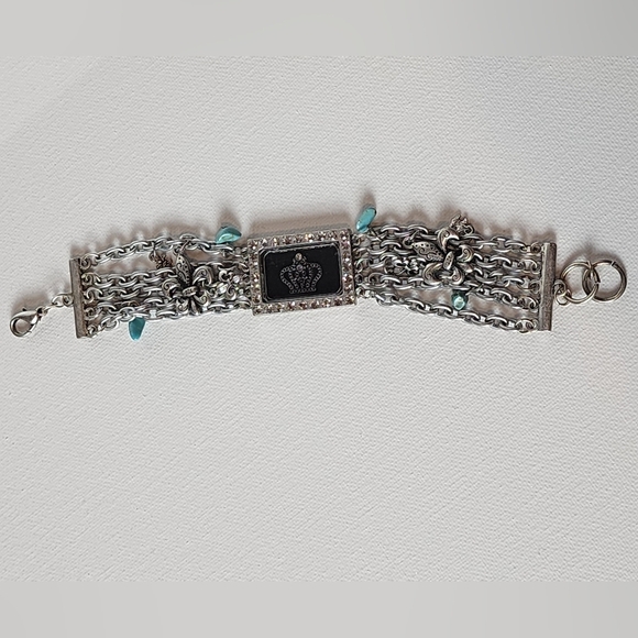 Multi-Chain Silver Statement Bracelet Rhinestone Crown Turquoise Charms Boho 8" - Picture 1 of 6